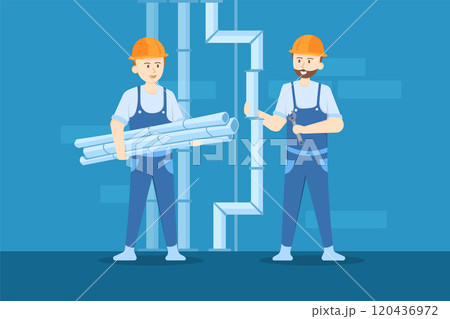 Plumbers are replacing the old steel pipes with new ones Plumbers are replacing the old steel pipes with new ones 120436972