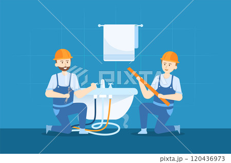 Plumbers are fixing the water pipes of the bathtub. Plumbers are fixing the water pipes of the bathtub. 120436973
