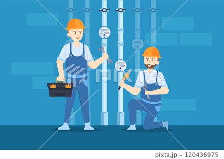 Plumbers are checking and fixing the pressure valves of the pipes. 120436975