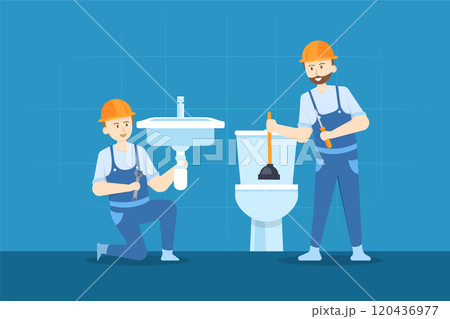 Young plumber is repairing the hand sink while the other plumber clearing the toilet. 120436977