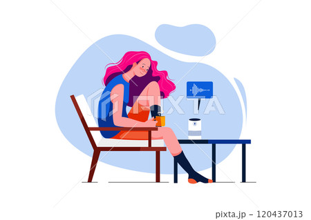 Young Woman talk to voice assistant at home and feel happy 120437013