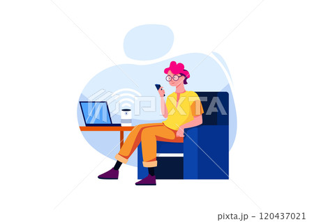 Man using smartphone and laptop controlled by smart speaker voice recognition concept Man using smartphone and laptop controlled by smart speaker voice recognition concept 120437021