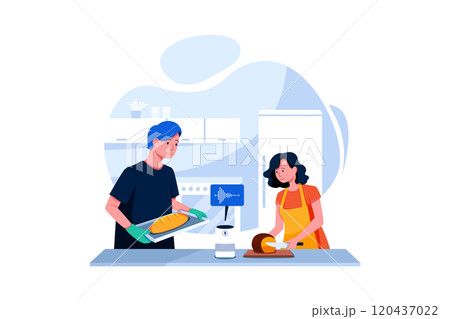 Couple using smart speaker man woman preparing food asking recipe voice recognition concept modern kitchen interior 120437022