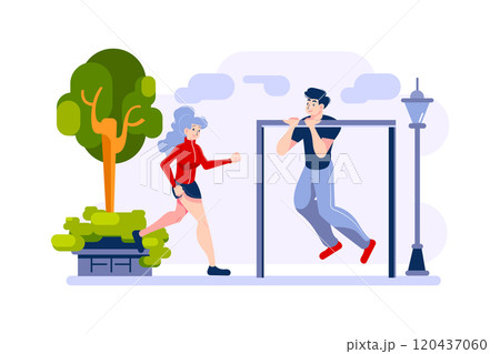 Two people do outdoor exercises 120437060