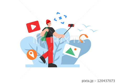 a tourist is visiting, holding a selfie stick taking a picture to post on social networks a tourist is visiting, holding a selfie stick taking a picture to post on social networks 120437073