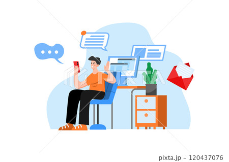 Man holding phone using social media with a computer in the background receiving notifications and emails 120437076