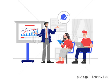 A man is talking about global marketing strategy and is analyzing line charts for 2 employees A man is talking about global marketing strategy and is analyzing line charts for 2 employees 120437170