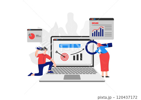 A person holding a binoculars and a woman holding a magnifying glass look at the screen to study the market A person holding a binoculars and a woman holding a magnifying glass look at the screen to study the market 120437172
