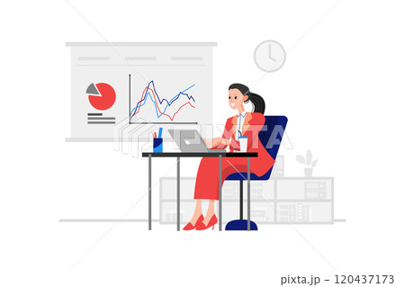 A marketing manager is sitting in front of the laptop with a pie chart and line chart on the back A marketing manager is sitting in front of the laptop with a pie chart and line chart on the back 120437173