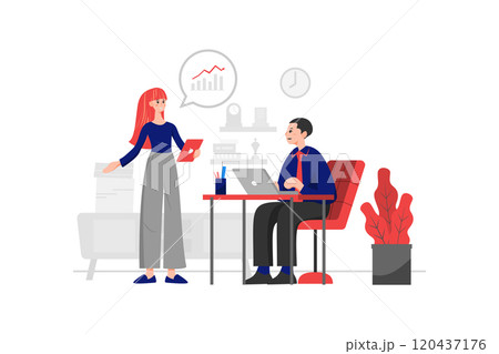 A female employee is reading financial statements for the director in the office. A female employee is reading financial statements for the director in the office. 120437176