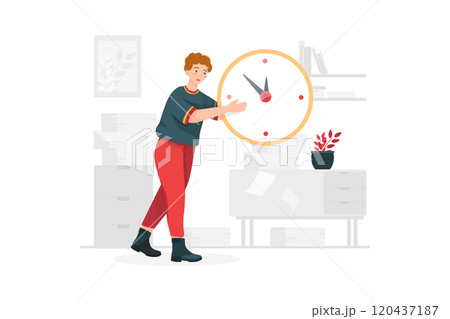 Confused man trying to adjust the big clock 120437187