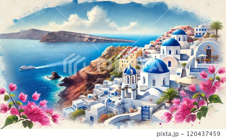 ギリシャのサントリーニ島の絶景、青いドームの教会とエーゲ海 120437459