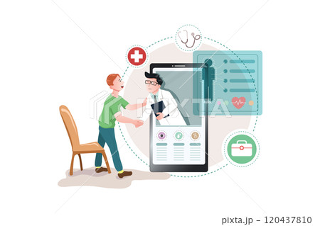 Patient meeting a professional doctor online on a smartphone and shaking hands, online medical consultation concept Patient meeting a professional doctor online on a smartphone and shaking hands, online medical consultation concept 120437810