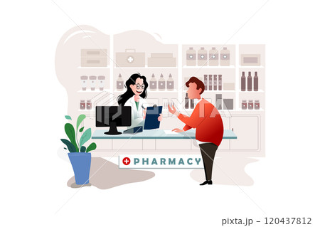Pharmacist at counter in pharmacy.Man buys drugs at the pharmacy. Pharmacist at counter in pharmacy.Man buys drugs at the pharmacy. 120437812