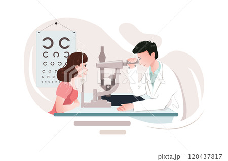 Young woman with optometrist doctor with medical equipment. Young woman with optometrist doctor with medical equipment. 120437817