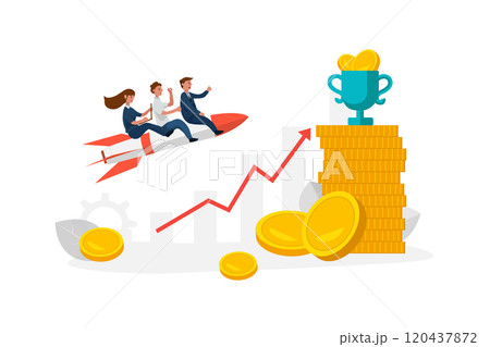 Business team go high to success on a rocket. Leaders moving company to the top, profitable strategy developing in right direction. Business team go high to success on a rocket. Leaders moving company to the top, profitable strategy developing in right direction. 120437872