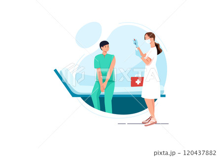 Young man at vaccination with woman nurse with syringe. 120437882