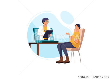 User video calling a doctor using healthcare app on his smartphone and professional medical team connected User video calling a doctor using healthcare app on his smartphone and professional medical team connected 120437885