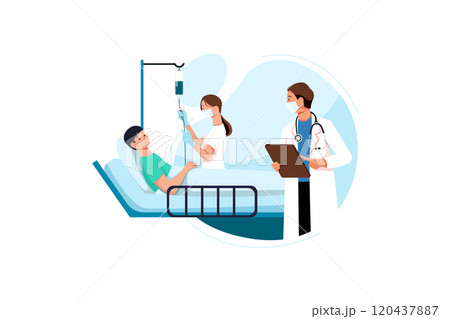 Sick young person lies with dropper near with doctor and nurse at the hospital. 120437887