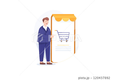 Happy businessman stand next to a big smartphone with online shop on the screen. Happy businessman stand next to a big smartphone with online shop on the screen. 120437892