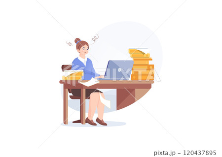Tired young woman working on her laptop among piles of papers and documents. Stress in the office. Rush work. Tired young woman working on her laptop among piles of papers and documents. Stress in the office. Rush work. 120437895