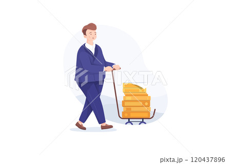 Unhappy businessman carries pile of documents, folders, paper on a cart 120437896