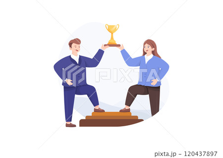 Businessman and businesswoman hold a trophy together. 120437897