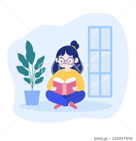 Pretty Girl Cartoon Character Wearing Glasses Sitting While Reading a Book at Home Pretty Girl Cartoon Character Wearing Glasses Sitting While Reading a Book at Home 120437956