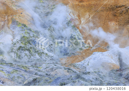 11月の登別地獄谷:曇り空が引き立てる湯煙と火山の景色 11月の登別地獄谷:曇り空が引き立てる湯煙と火山の景色 120438016