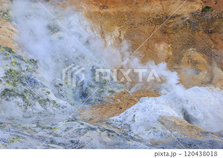 11月の登別地獄谷:曇り空が引き立てる湯煙と火山の景色 11月の登別地獄谷:曇り空が引き立てる湯煙と火山の景色 120438018