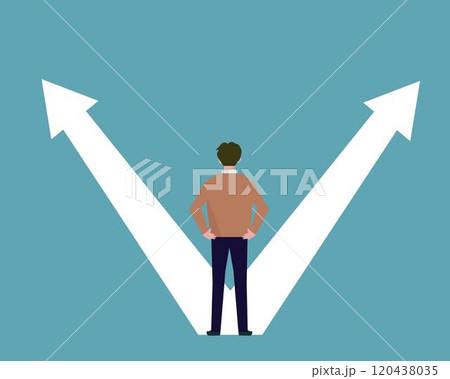 選択肢に迷う後ろ姿の男性。決断を迫られる男性。ベクターイラスト	 120438035