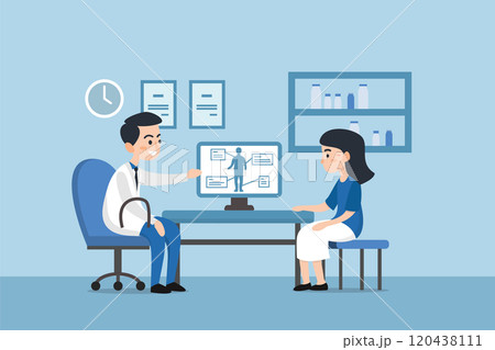 Patient woman talking to primary care physician man at hospital office. Clinic appointment meeting with doctor, having conversation with medic about checkup results. Patient woman talking to primary care physician man at hospital office. Clinic appointment meeting with doctor, having conversation with medic about checkup results. 120438111