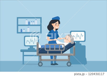 A nurse taking care of a sick elderly woman lying in a medical bed. 120438117