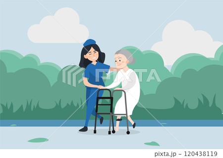 Nurse helps her grandmother to go to the walker. Caring for the elderly Nurse helps her grandmother to go to the walker. Caring for the elderly 120438119