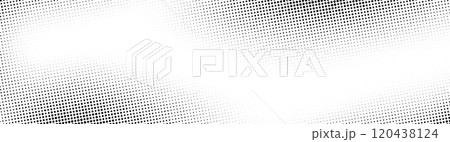 Grunge halftone background. Fading grit noise gradient texture. Black and white sand wallpaper. Wide retro pixelated backdrop. Anime or manga comic style overlay. Vector long halftone gritty print 120438124