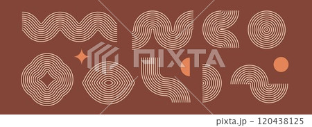 Boho linear element collection. Brown wave and arch forms design. Mid century curves and arcs set. Bohemian decorative ornamental shape bundle for badge, icon, poster, banner, template. Vector 120438125
