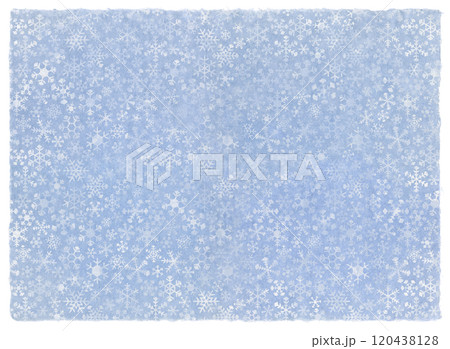 雪の結晶を散りばめた冬の背景、アイスブルーの耳付き和紙 120438128