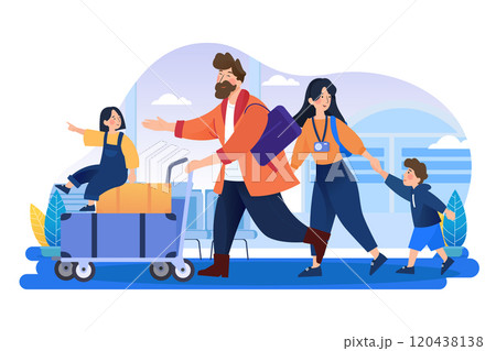Family travel. Parents and children at the airport fly away for a vacation. Family travel. Parents and children at the airport fly away for a vacation. 120438138