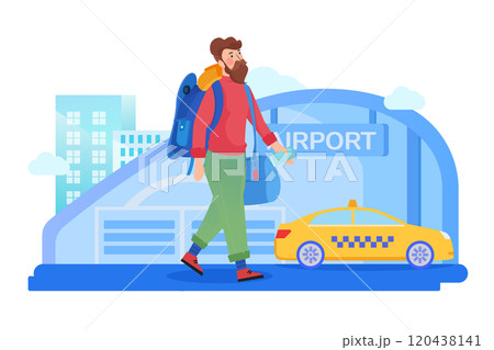 Air traveler. Hipster man with luggage goes to the airport. Vector illustration in cartoon style Air traveler. Hipster man with luggage goes to the airport. Vector illustration in cartoon style 120438141