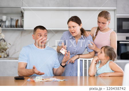 Angry wife with teenage daughters demanding money from upset man Angry wife with teenage daughters demanding money from upset man 120438742