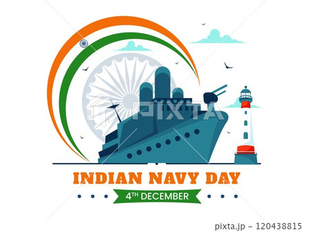 Indian Navy Day Vector Illustration on December 4, Featuring Fighter Ships, Saluting Soldiers, and Military Appreciation in a Flat Style Background 120438815