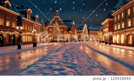 雪降る夜の赤レンガ倉庫　雪に光が反射していて綺麗 120438849