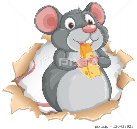 Cheerful Mouse Enjoying a Cheese Snack 120438923