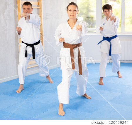 Athletes have starting position and repeating sequence of punches and painful techniques in kata Athletes have starting position and repeating sequence of punches and painful techniques in kata 120439244