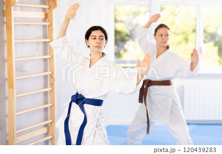 Two women training karate techniques in studio Two women training karate techniques in studio 120439283