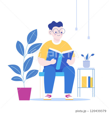 Cute Nerd Boy Wearing Glasses Reading a Book in the Library with Smile Expression 120439379