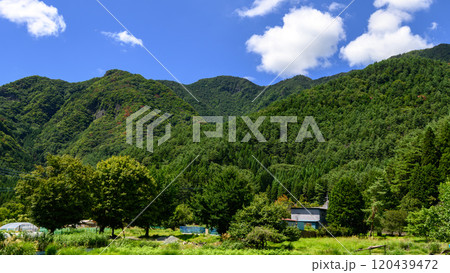 （山梨県）西湖・根場付近の山並みと青空の絶景 120439472