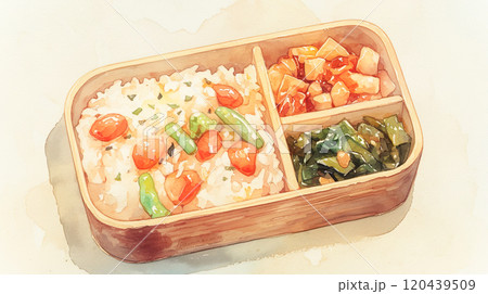 曲げわっぱに詰めた美味しそうなお弁当の水彩イラスト 曲げわっぱに詰めた美味しそうなお弁当の水彩イラスト 120439509