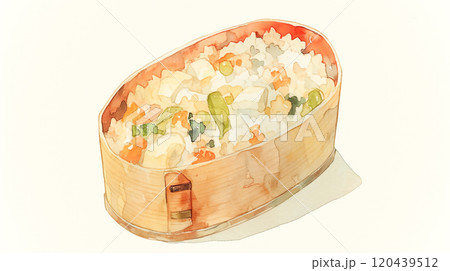 曲げわっぱに詰めた美味しそうなお弁当の水彩イラスト 120439512