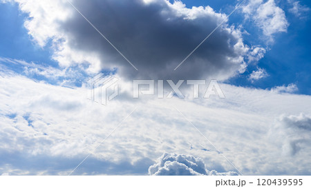 秋の青空に、2層になって流れるたくさんの白い雲 120439595